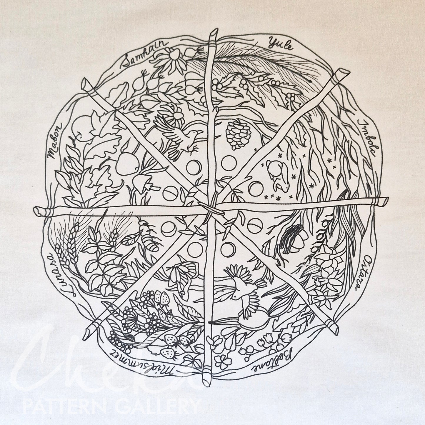 Calendar to embroider, sabbats phenology wheel. An Embroidery Canvas to Follow the Seasons
