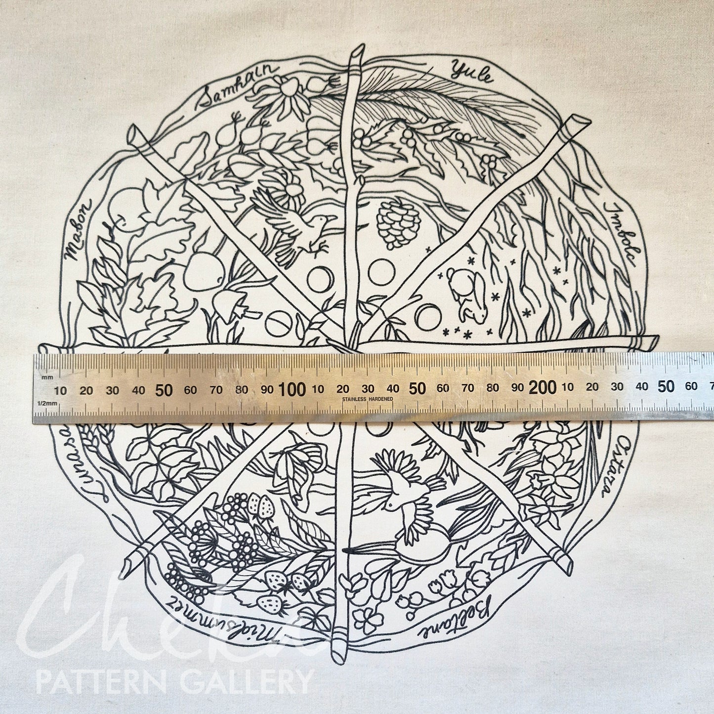 Calendar to embroider, sabbats phenology wheel. An Embroidery Canvas to Follow the Seasons