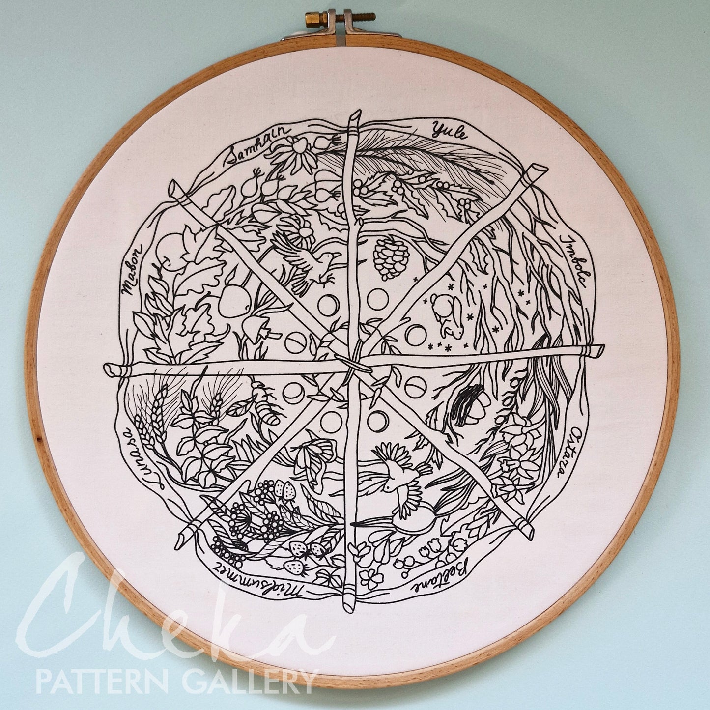 Calendar to embroider, sabbats phenology wheel. An Embroidery Canvas to Follow the Seasons