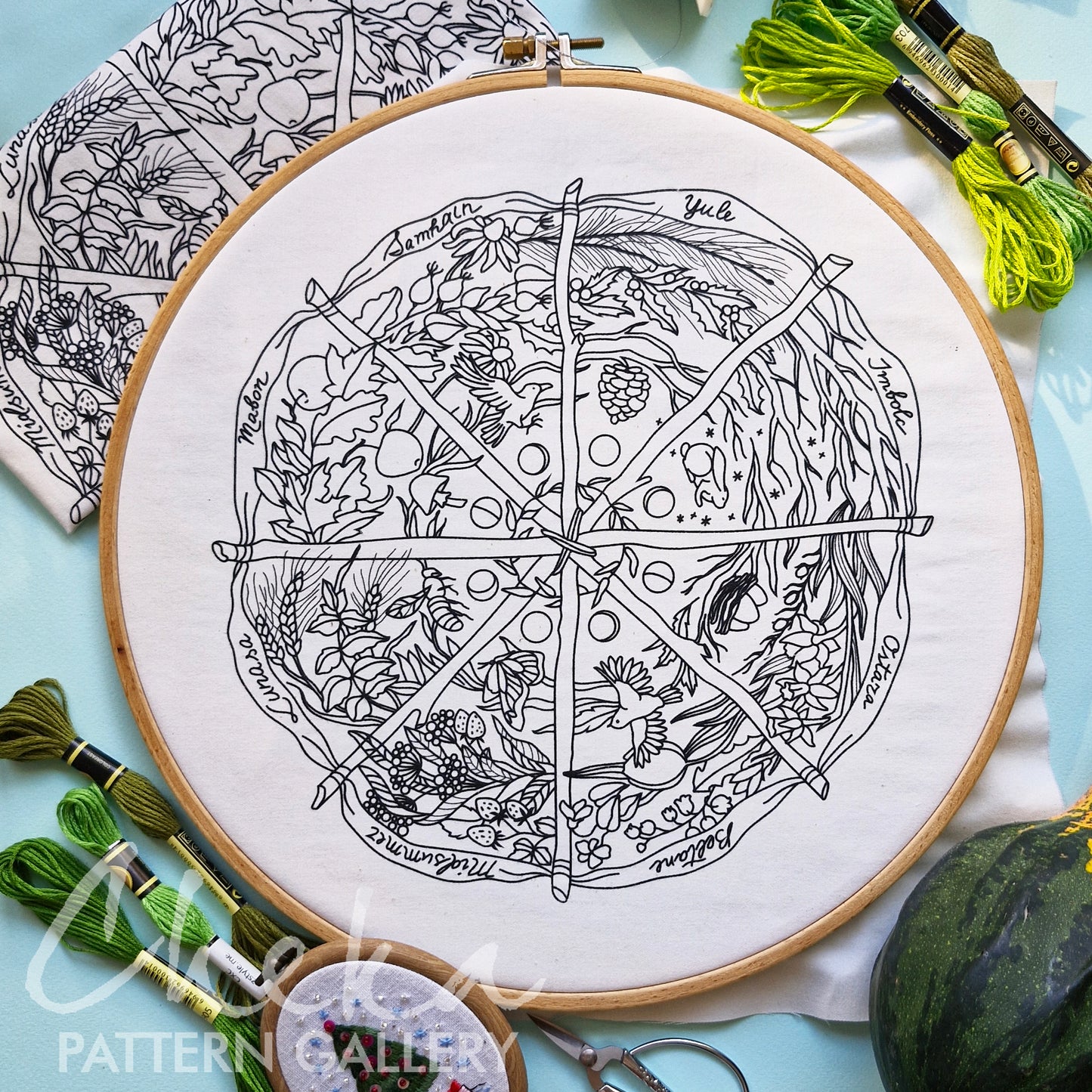 Calendar to embroider, sabbats phenology wheel. An Embroidery Canvas to Follow the Seasons