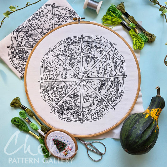 Calendar to embroider, sabbats phenology wheel. An Embroidery Canvas to Follow the Seasons