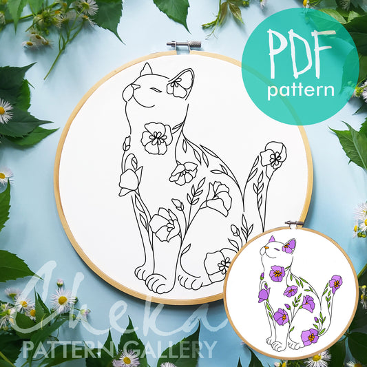 Cat and flowers Hand embroidery pattern, Cat portrait, Embroidery blueprint, Modern Cat Embroidery. Cat lover gift, Beginner embroidery PDF