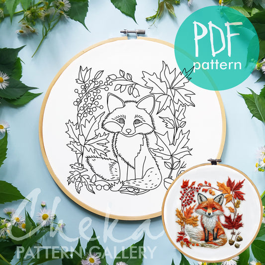 Fox among leaves pattern. Cute baby fox, hand embroidery pattern. Fox pattern, forest animal portrait. Fox lover gift, embroidery pattern