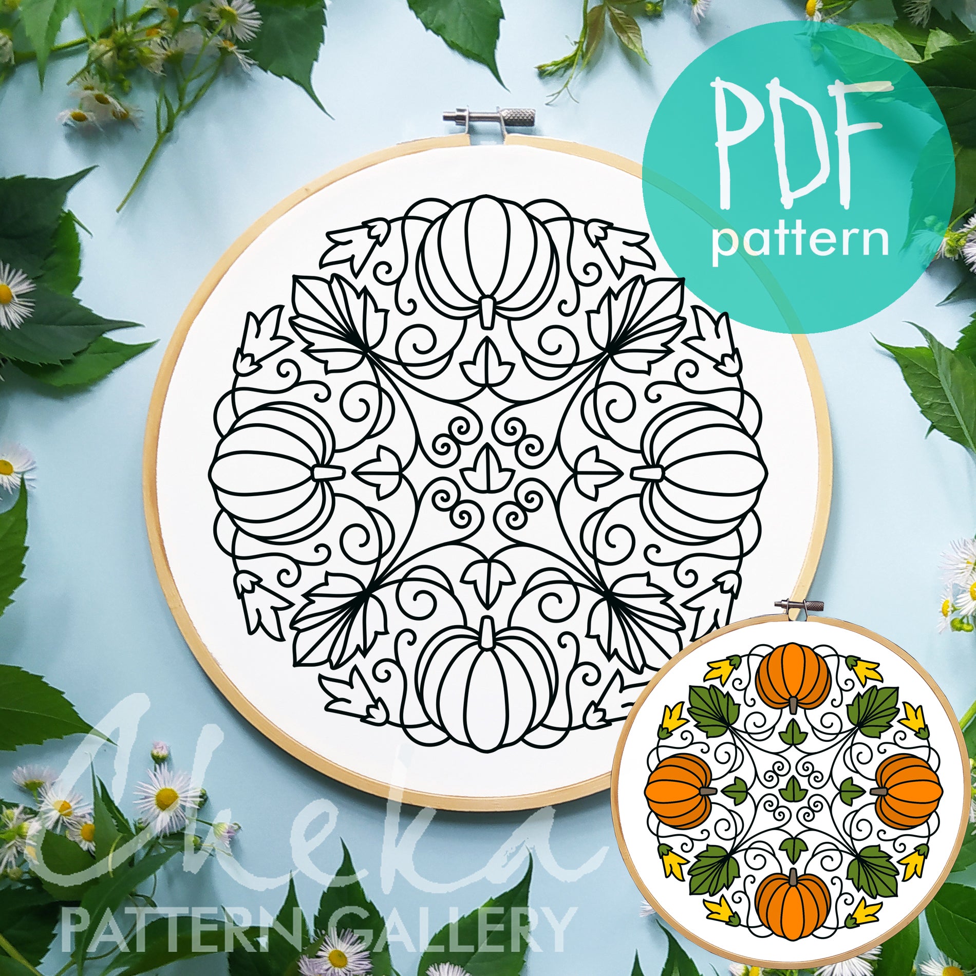Pumpkins, Hand Embroidery Pattern, Pumpkin Design. Simple embroidery pattern PDF (6 hoop sizes)