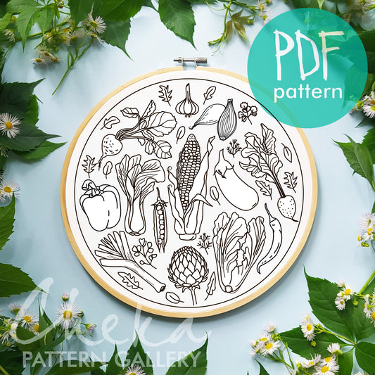 Garden embroidery. Corn, eggplant, paprika, lettuce, garlic, leek, peas, beetroot pattern. Gastronomic embroidery, hand embroidery patterns