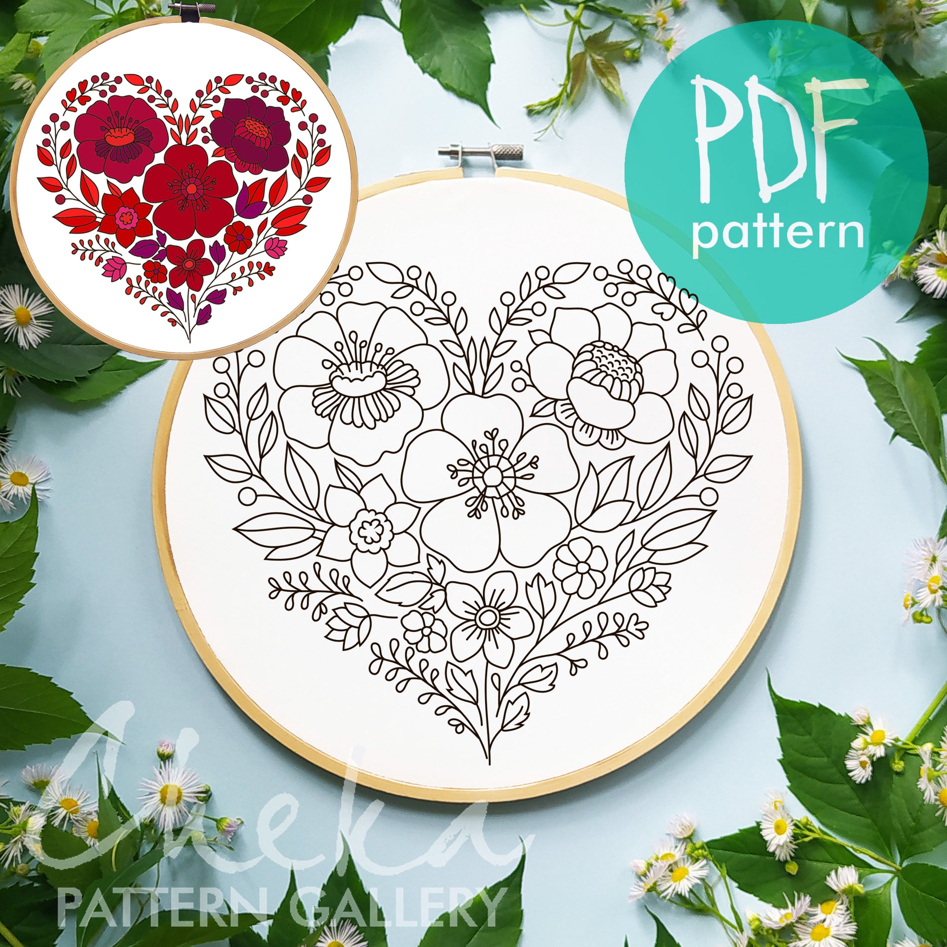 Floral heart, Red Flower embroidery design, Hand Embroidery pattern, Hand Embroidery, St Valentin embroidery pattern, Hoop art,Handmade gift