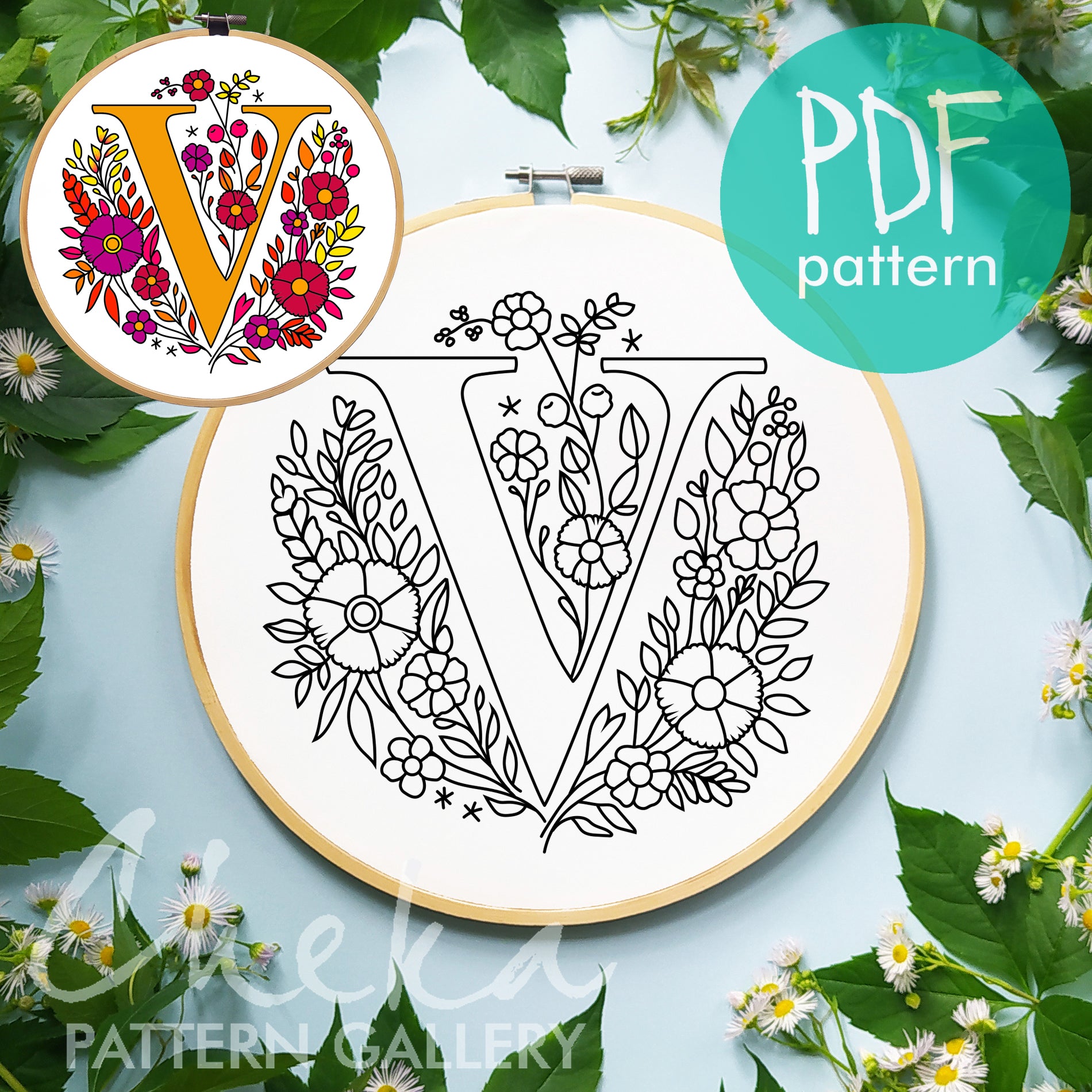 Floral Letter Embroidery Pattern, "V" letter pattern, Instant Digital Download, Letter Hand Embroidery Design with Flowers, Floral Monogram