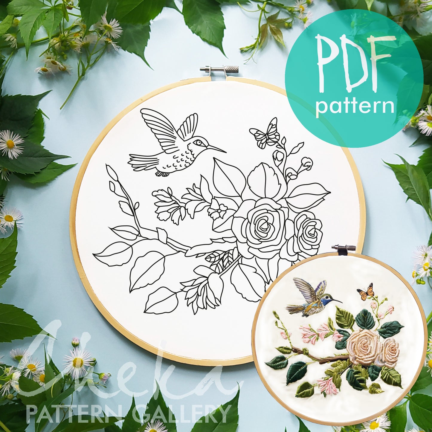 Embroidery hoop with floral and bird design, surrounded by green leaves and flowers, with 'PDF pattern' label.