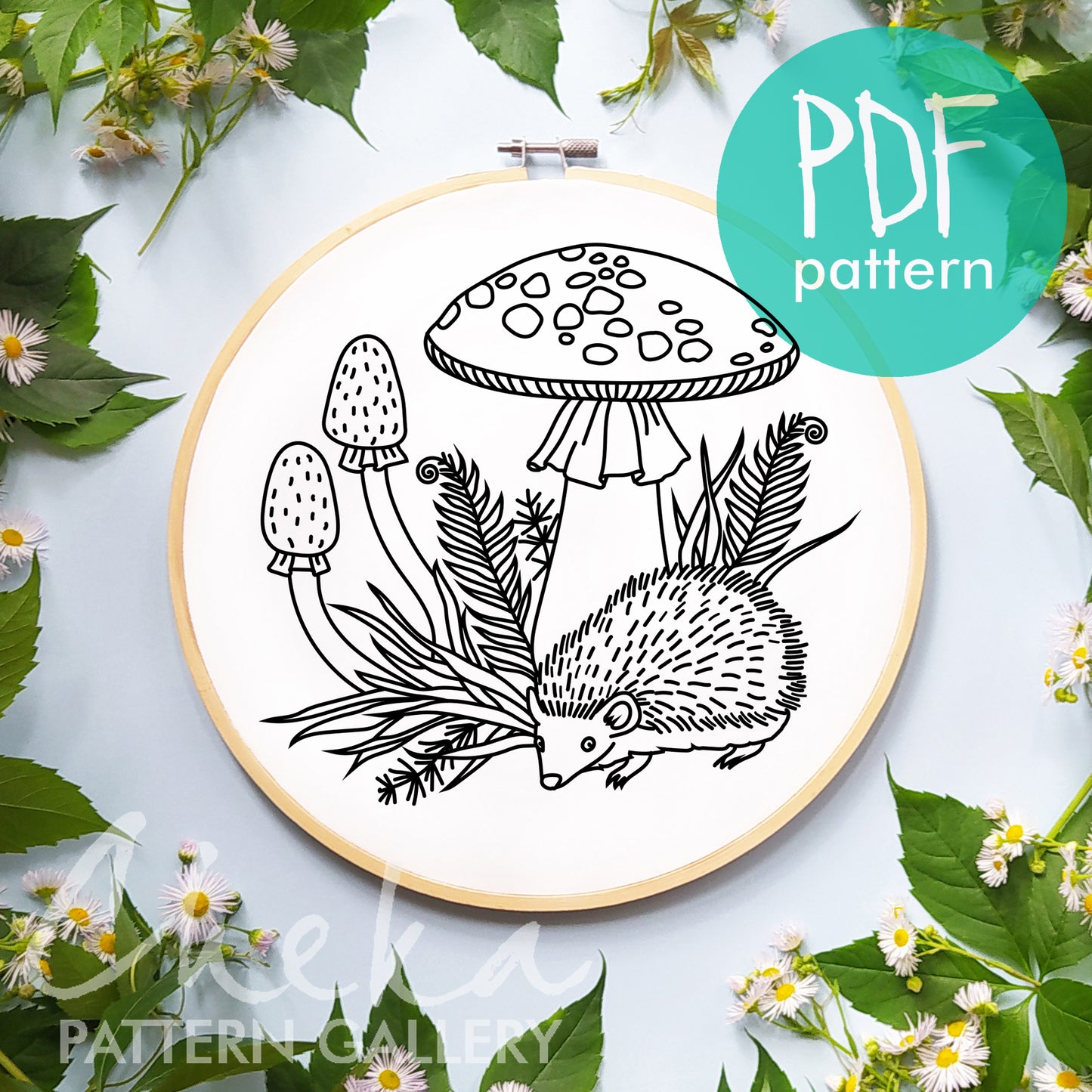 Hedgehog Embroidery Pattern, Autumn embroidery pattern. Forest hedgehog with mushrooms. Cute hedgehog, Mushrooms hand embroidery pattern