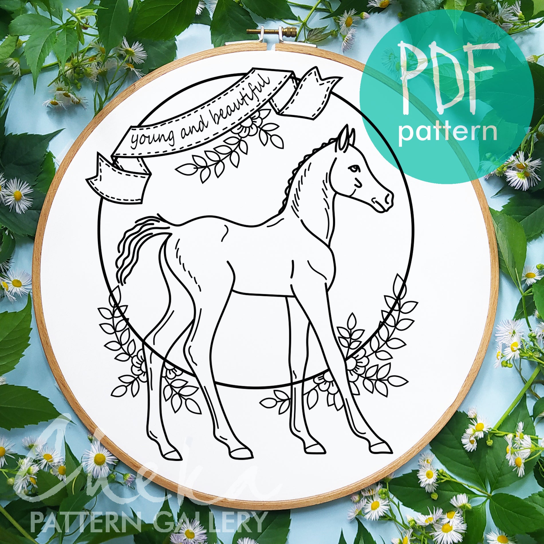 Foal Embroidery, Foal embroidery pattern. A baby horse with flowers, a simple pattern for hand embroidery