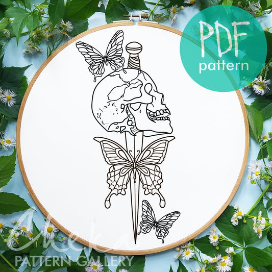 Skull and butterfly Pattern, Gothic embroidery pattern, The Kiss of Death, hand embroidery pattern. Halloween embroidery, Scary embroidery