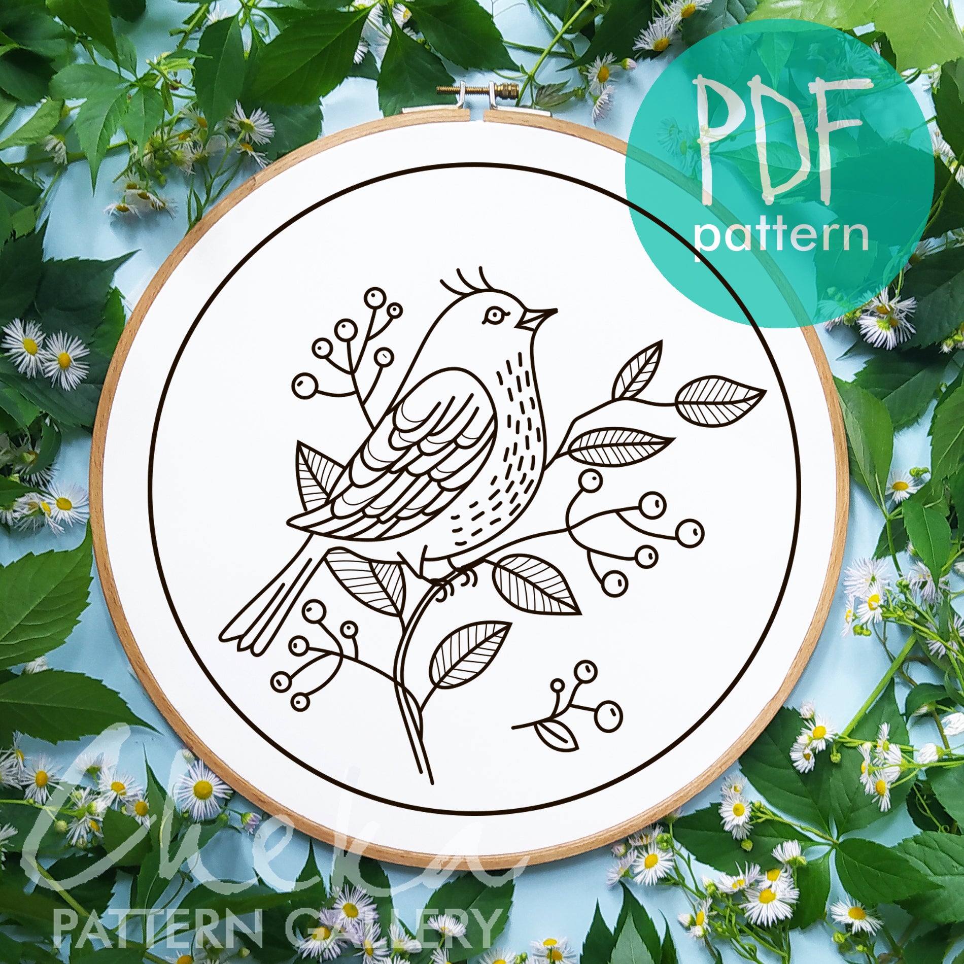 Bird embroidery pattern PDF, Digital embroidery scheme in PDF format, Flower point embroidery design, Flower bouquet, Hand embroidery bird