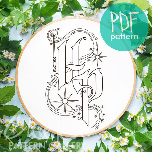 Wizard School letters embroidery. The initials of the magician. Magic letters embroidery, letter embroidery pattern. The letter "HP" pattern