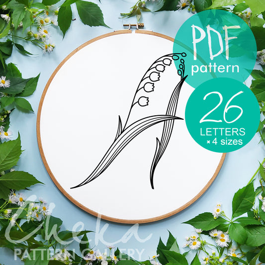 Floral Alphabet, Lilies of the valley, pattern with spring flowers. Set of letters for hand embroidery. Floral Monogram Lilies of the valley