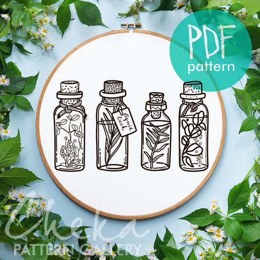 A magic potion. A set of four potion bottles, halloween pattern for hand embroidery. A gift for a witch. Digital Embroidery PDF Template