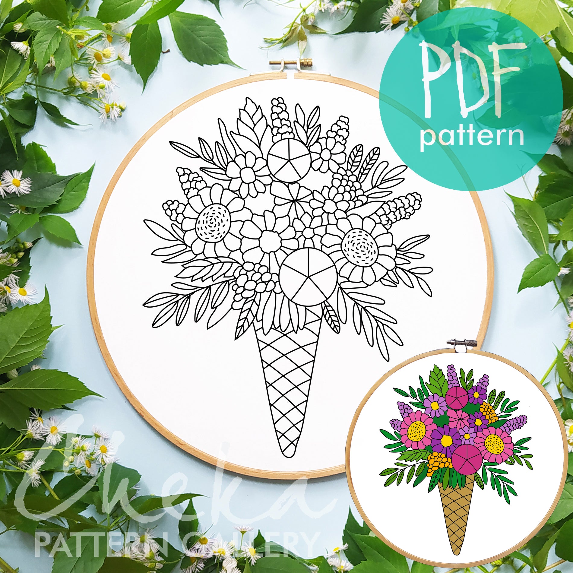 Ice cream Flower pattern. Floral embroidery template. Hand embroidery pattern PDF. Hoop Art