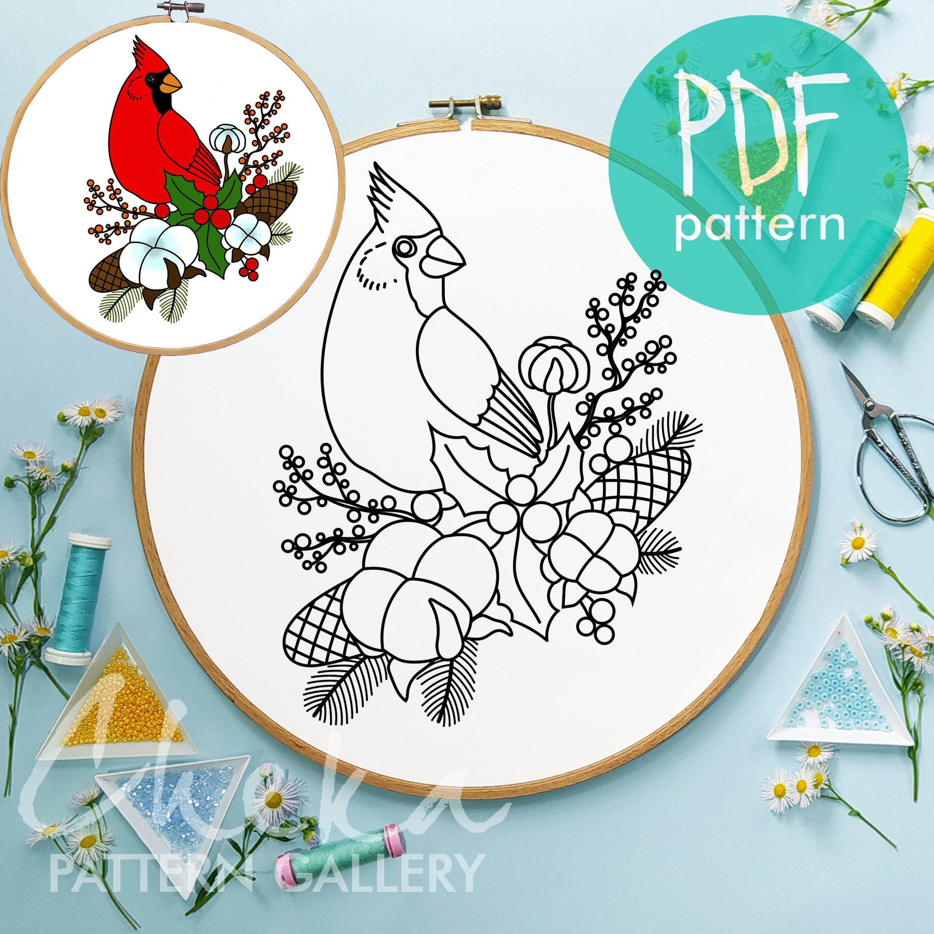 Cardinal, Hand Embroidery Pattern, Winter Bird design, DIY Holiday Craft Project, Instant Download PDF