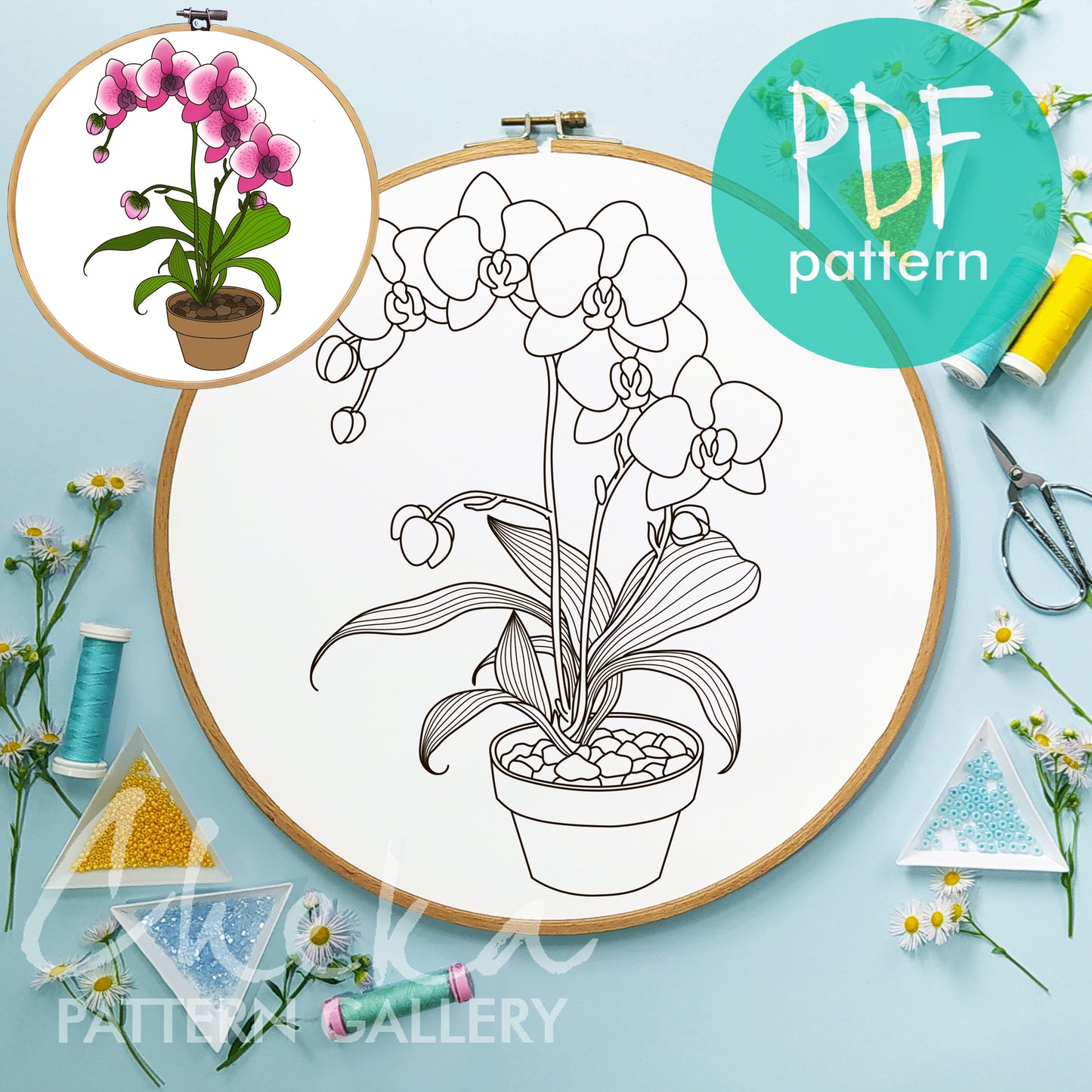 Orchid pattern for hand embroidery, branch of big pink Orchid, beautiful flower embroidery pattern, Orchid lover gift, Modern hoop art PDF