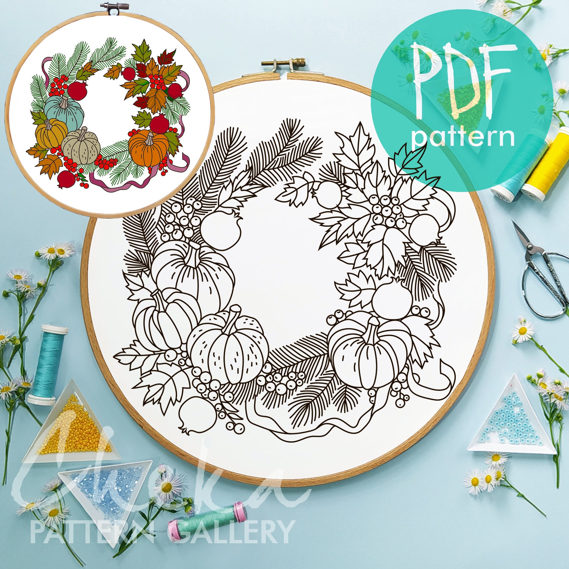 Floral embroidery pattern. Winter hand embroidery pattern, Christmas ornaments, Cozy embroidery pattern with pumpkins, berries, pomegranates