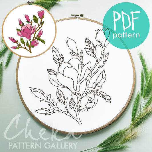 Magnolia pattern for hand embroidery, branch of big pink Magnolia, beautiful flower embroidery pattern, Magnolia pattern,Modern hoop art PDF