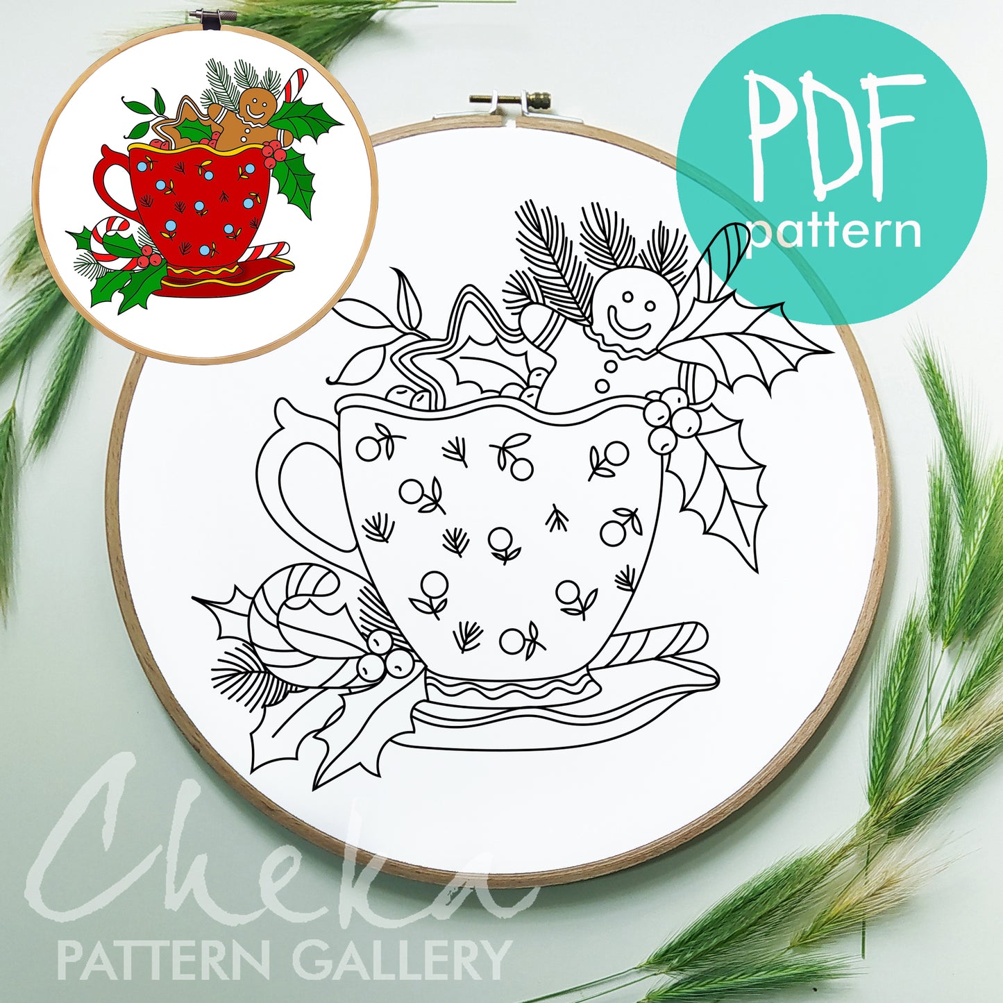 Christmas embroidery pattern, Gingerbread Man pattern, Holiday Christmas cup with Holly hand embroidery pattern, Christmas Holly Berries