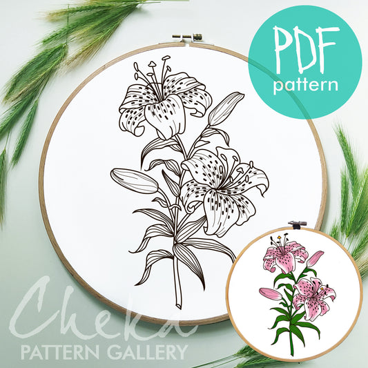 Tiger Lilies Hand Embroidery Pattern, Pink Lilies Pattern, Lily Embroidery, Floral Embroidery, Hand Embroidery Pattern, Botanical Embroidery