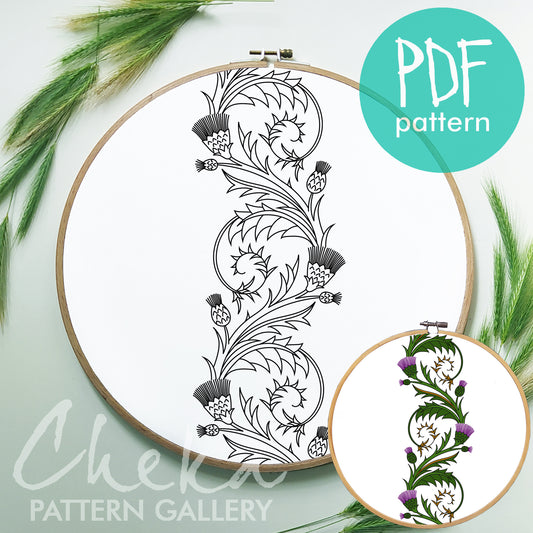 Thistle, hand embroidery pattern PDF. Botanical motifs. Traditional Scottish Crest. Pattern for pillows, tablecloths