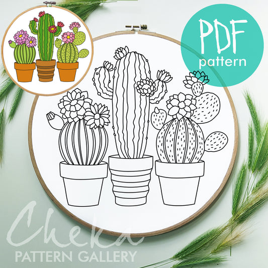 Cactus, hand embroidered pattern. Flowering cacti, house plants, Blooming succulents, Summer Hand Embroidery Pattern PDF, Beginner craft