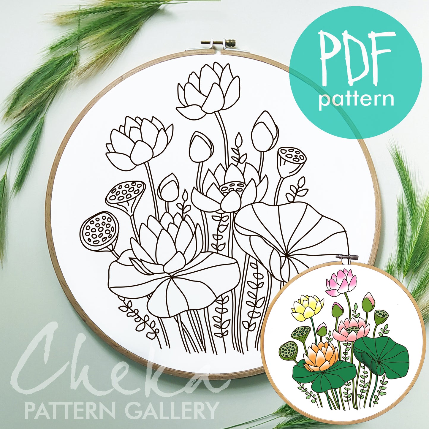 Water lilies, hand embroidery pattern. Colored lilies, hand embroidery design. Blossom of Beautiful water flowers. Embroidery blueprint PDF