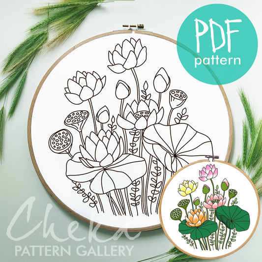 Water lilies, hand embroidery pattern. Colored lilies, hand embroidery design. Blossom of Beautiful water flowers. Embroidery blueprint PDF