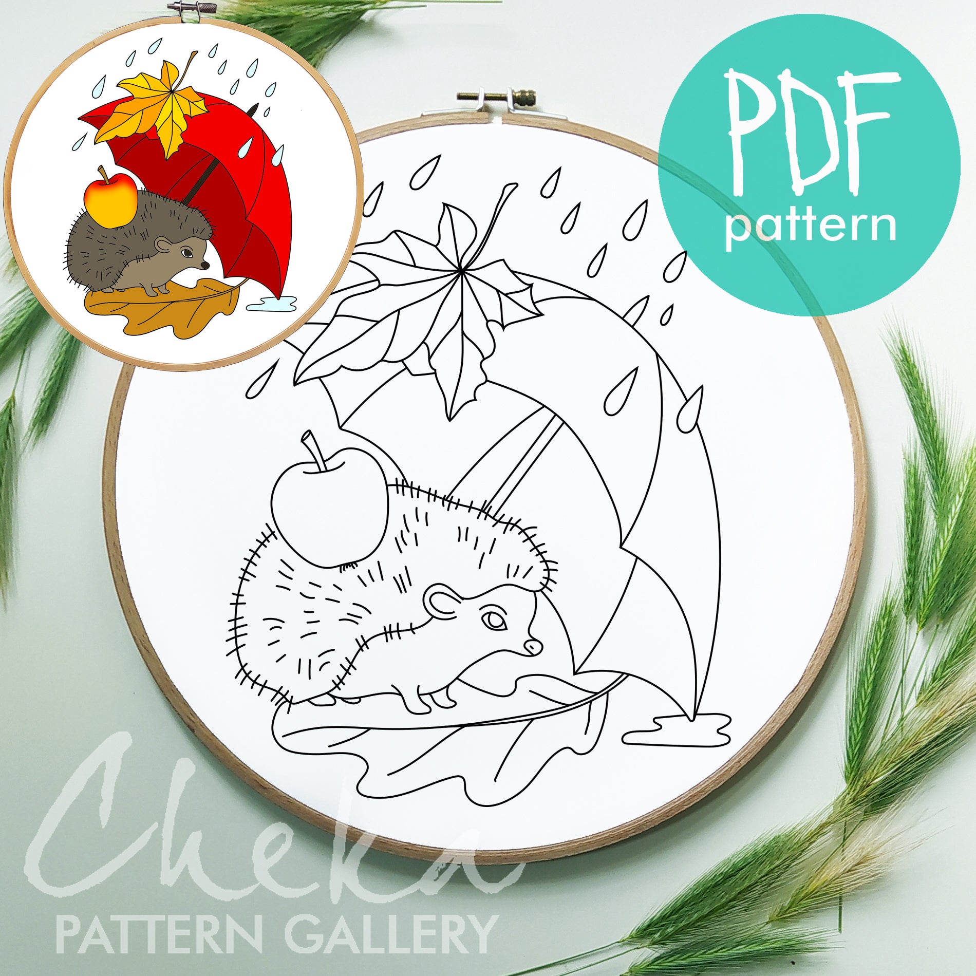 Hedgehog And an umbrella, Satin Stitch Pattern PDF, Fall design, beginner embroidery, Modern craft, Needlepoint pattern, Easy DIY