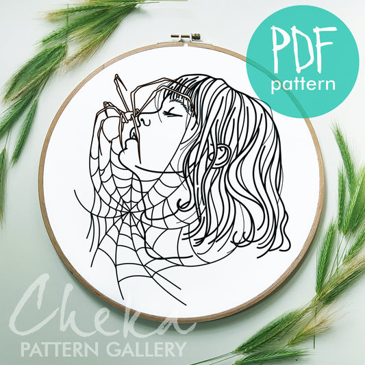 Gothic pattern. The girl with the spider, embroidery for Halloween. Gothic pattern for hand embroidery. The Kiss of Death