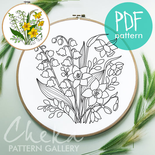 Daffodils, lilies of the valley and snowdrops, hand embroidery pattern. Embroidery blueprint PDF. Easter embroidery project, template PDF