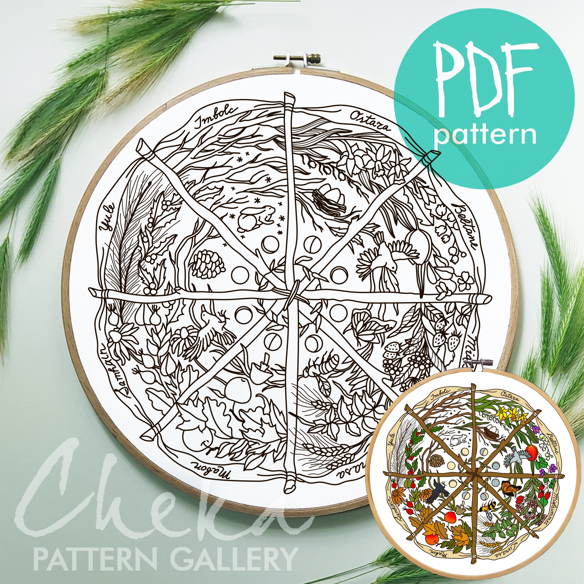 Calendar to embroider, sabbats phenology wheel. Phenology wheel pattern, calendar to embroider Yule, Samhain, Imbolc, Ostra. Wheel pattern 