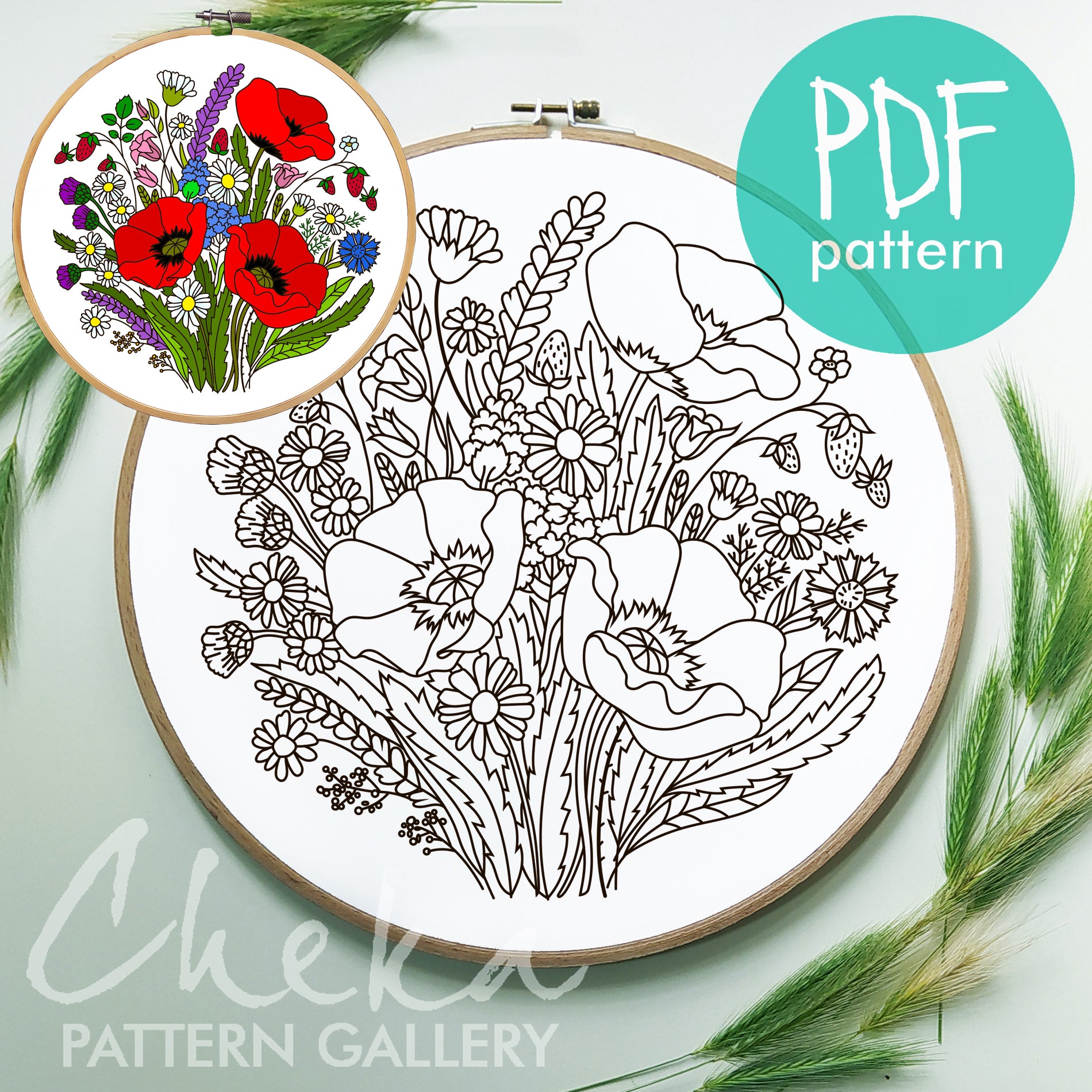 Wildflowers Hand Embroidery Pattern, Floral Bouquet, Summer Wildflowers, Pattern with Blossoms, meadow embroidery pattern, Summer Embroidery