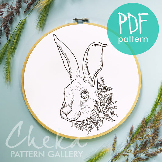 Hare portrait with flowers. Hand embroidery Pattern with hare and wildflowers. Digital template for hand embroidery,embroidery pattern PDF