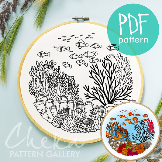 Honeycomb coral, stylophora, staghorn coral. Hand Embroidery PDF, coral reef, tropical aquarium, summer embroidery.Tropical sea fish pattern