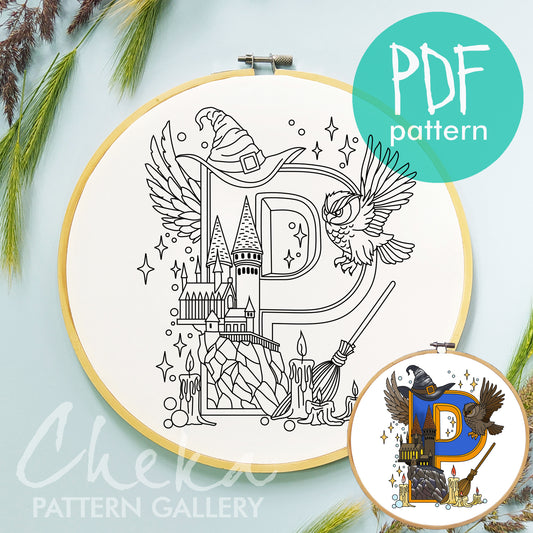 Wizard School letter embroidery. Hogwarts monogram. Magic alphabet embroidery, letter embroidery pattern. Hoop art, The letter "P" pattern