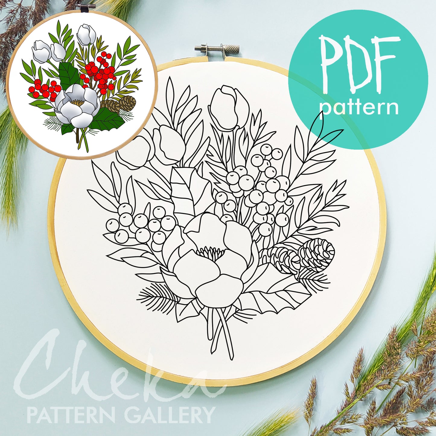 Christmas Bouquet Hand Embroidery Pattern with Holly, Christmas Flower. Poinsettia and Pinecones, Christmas Embroidery Art, DIY Holiday Gift