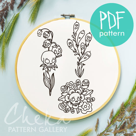 Skull flower collection, hand embroidery patterns. Skull floral designs, Spooky Season Theme. Trick or Treat embroidery. Beginner embroidery