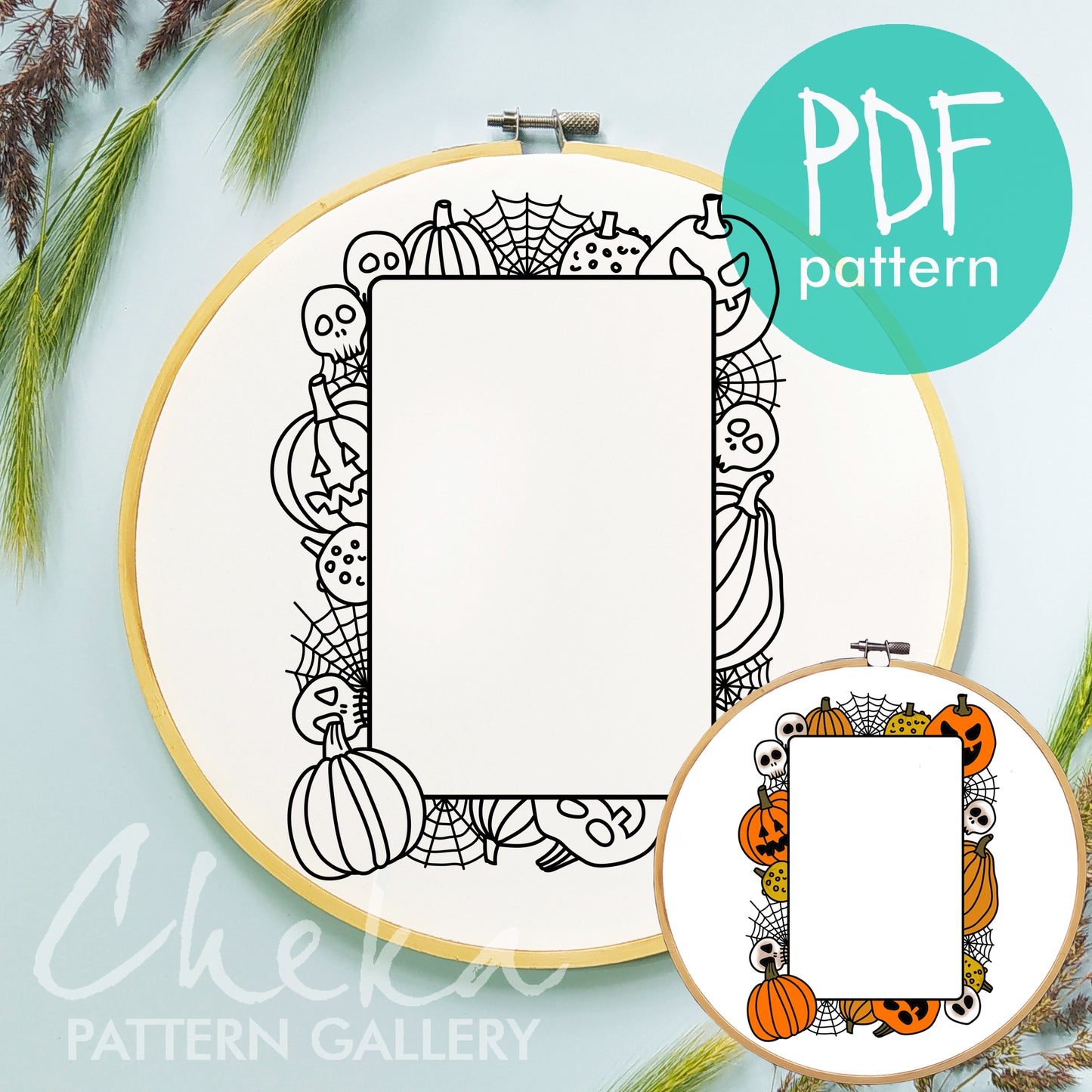 Photo frame, Scary Embroidery, Halloween hand embroidery pattern, handmade embroidered frame, spooky season, digital embroidery pattern PDF