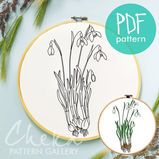 Snowdrops, hand embroidery pattern. Botanical embroidery, primroses. Bouquet of spring flowers, beginner embroidery.Spring embroidery design