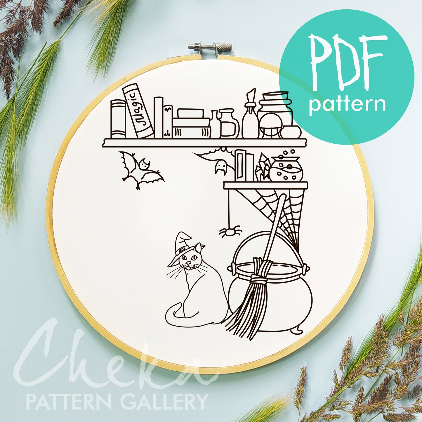 Witchy Home Embroidery Pattern PDF, Witch Home Crafts, Wicca Embroidery Design, Magical Needlepoint Pattern, Autumn embroidery. Witch's House