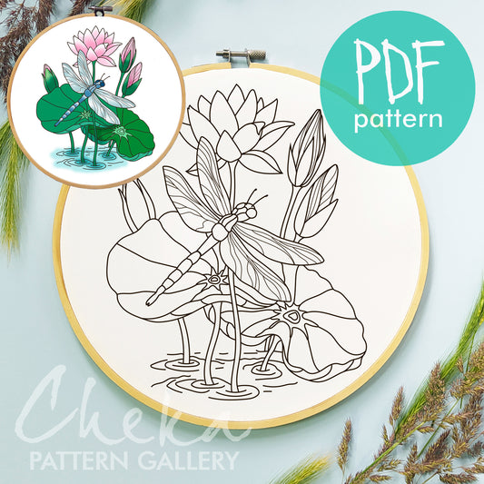 Dragonfly and water lilies, hand embroidery pattern. Pink lilies, hand embroidery design. Blue dragonfly with flowers. Embroidery scheme PDF