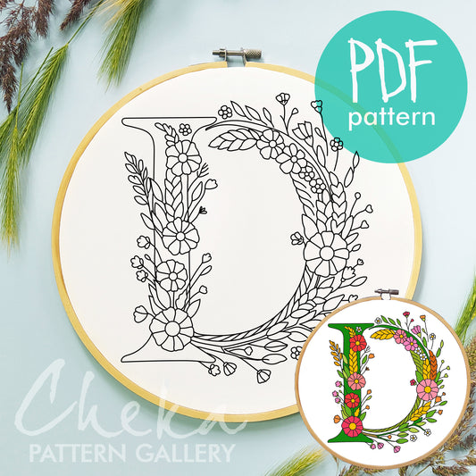 Floral Letter Embroidery Pattern, "D" letter pattern, Instant Digital Download, Letter Hand Embroidery Design with Flowers, Floral Monogram