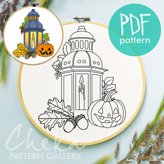 Night lantern, hand embroidery pattern, Halloween embroidery pattern. Candles, pumpkins and ghosts. Night lantern pattern, spooky hoop art 