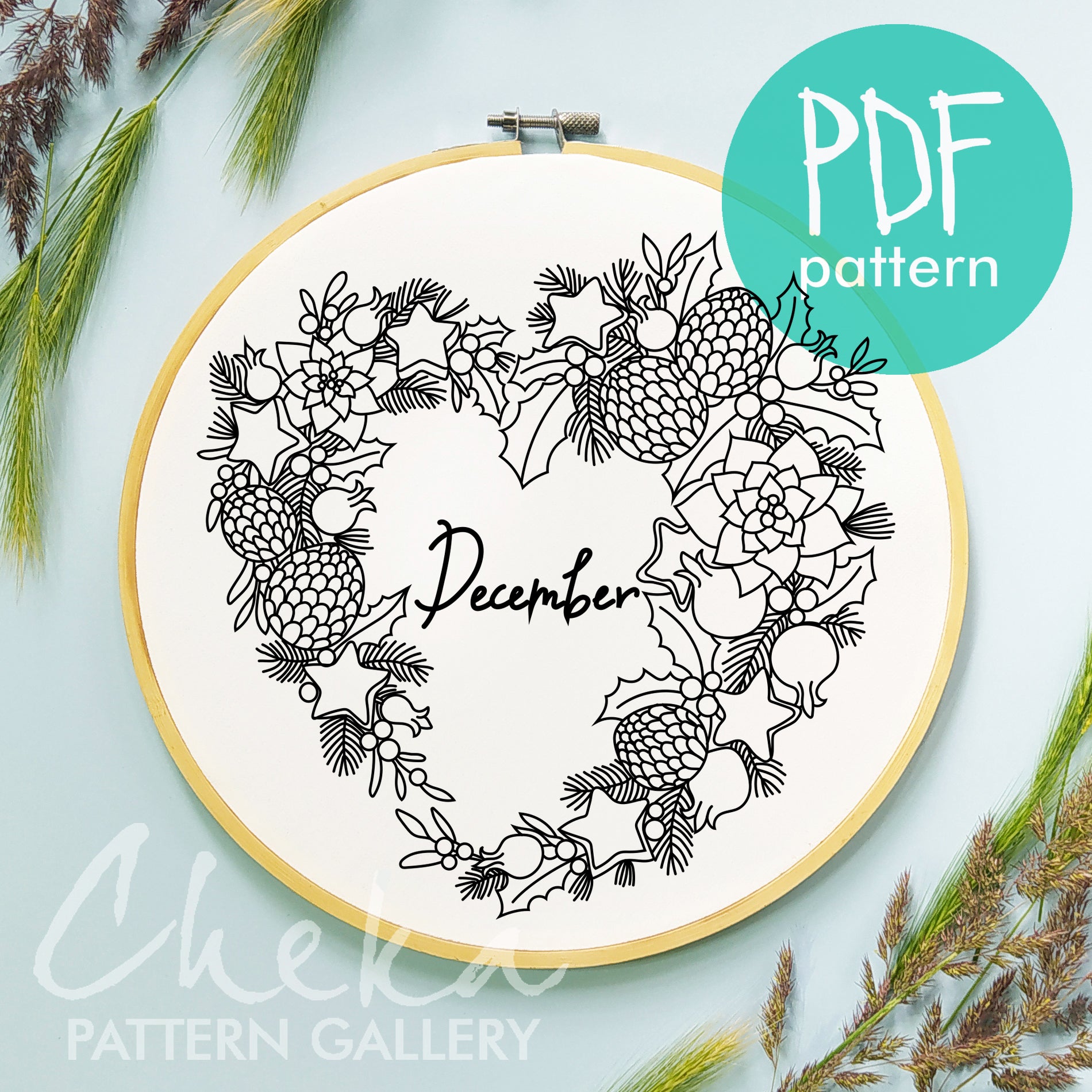 Holiday Wreath PDF template, Christmas Embroidery Pattern, Floral Embroidery, Christmas holiday decor, instant download, winter hoop art