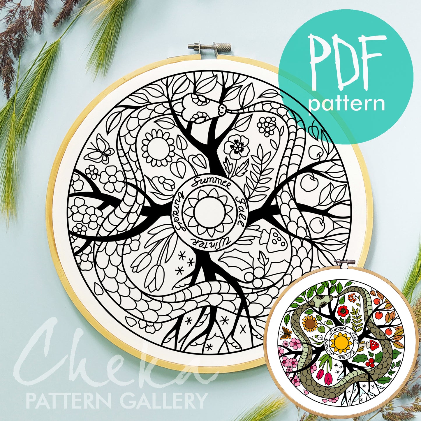 Phenology wheel pattern, The Ouroboros. Phenology wheel template with a snake, calendar to embroider the seasons. PDF embroidery pattern