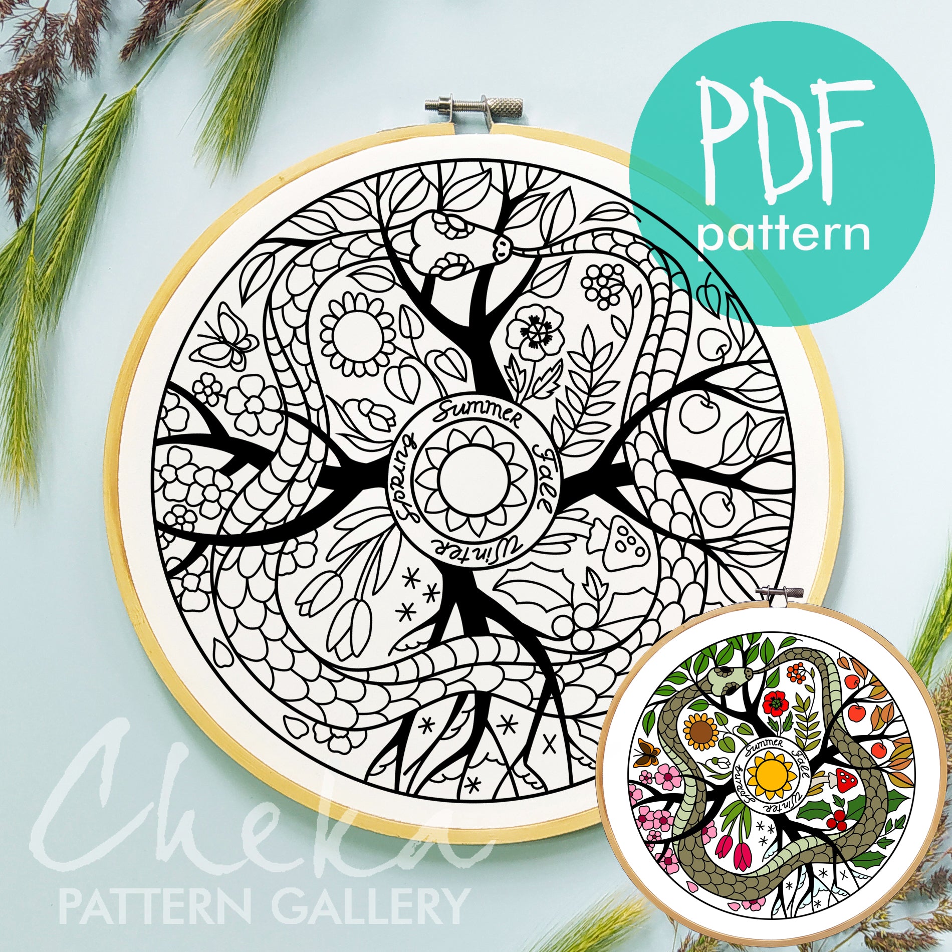 Phenology wheel pattern, The Ouroboros. Phenology wheel template with a snake, calendar to embroider the seasons. PDF embroidery pattern