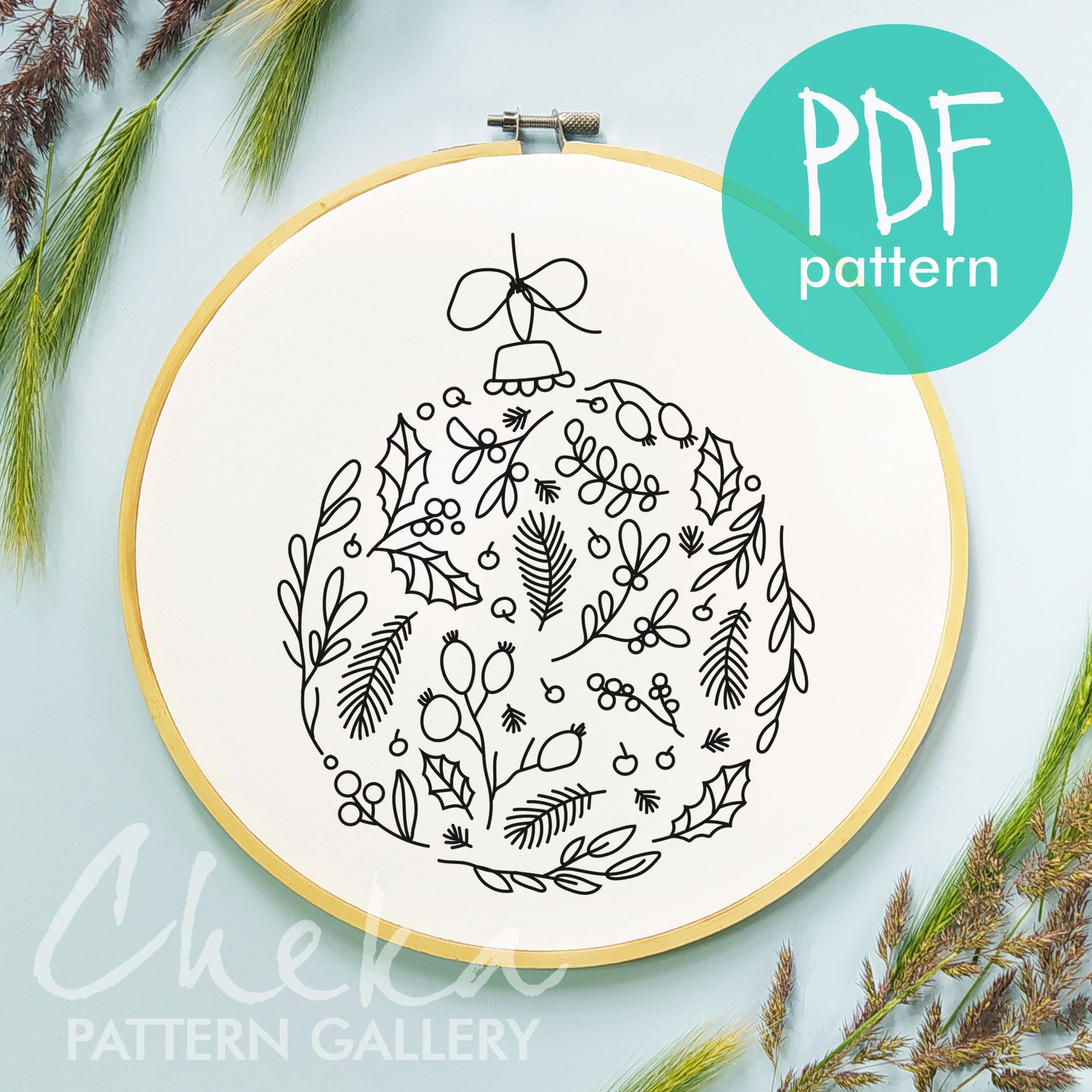 Christmas tree decoration, round festive ball. Christmas hand embroidery pattern, winter embroidery ornament PDF, Christmas home decor